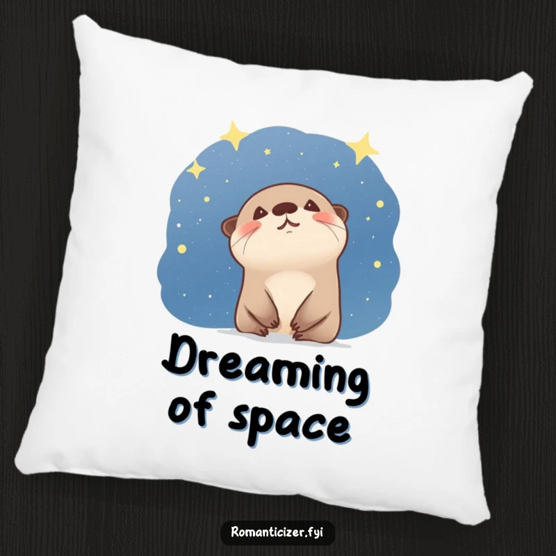 Funny otter pillow with a giggling animal looking at a starry night sky, providing comfort and humorous wonder. Perfect gift.