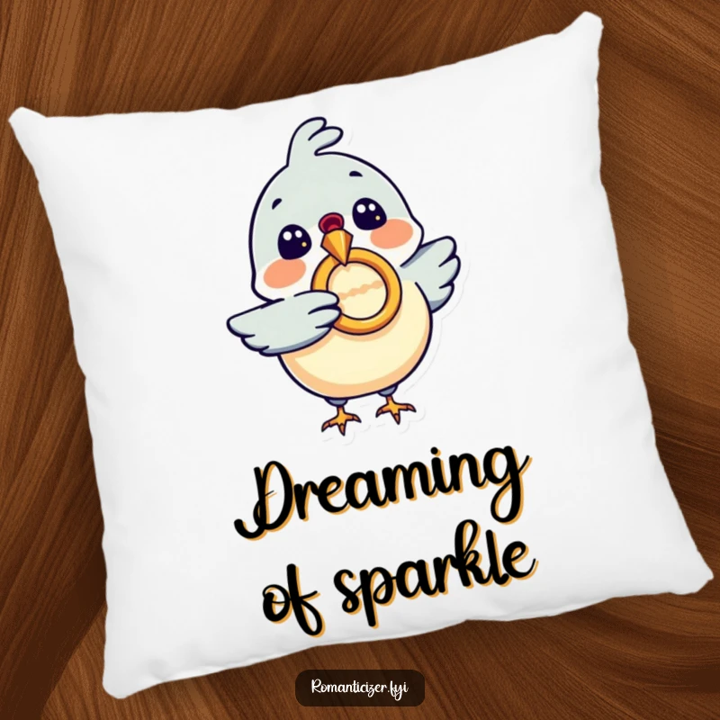 Funny pillow with an excited bird carrying a ring in its beak, soft and decorative, perfect funny gift for lovebirds.