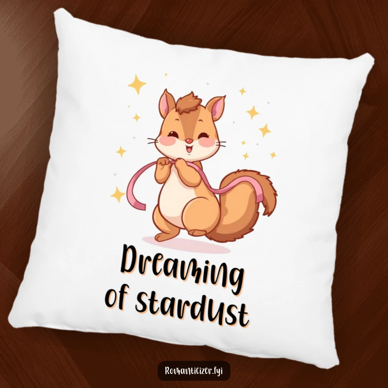 Funny pillow with a playful squirrel twirling with a ribbon amidst a backdrop of sparkling stars, bringing starry magic.