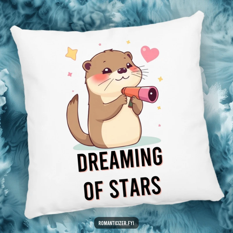 Funny pillow, an otter humorously gazing at stars through a heart-shaped telescope, a soft and comical cosmic accent.