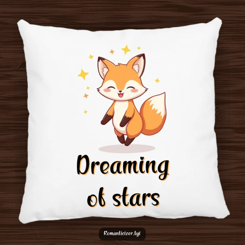 Funny Fox Pillow: A cheerful fox twirls surrounded by stars, offering cozy comfort and whimsical humor.