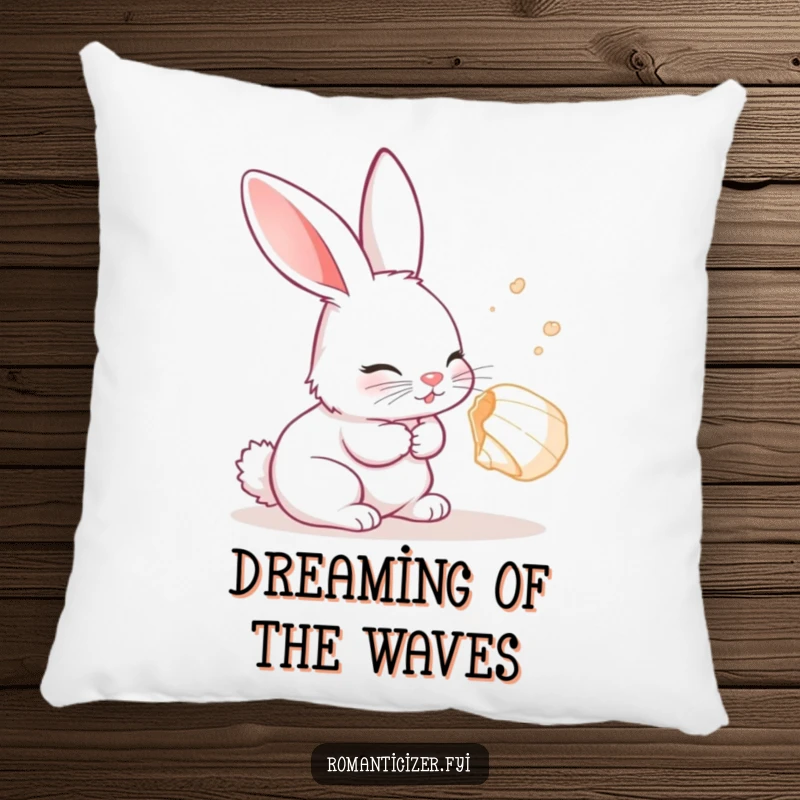 Funny Rabbit Pillow showing a curious rabbit listening with delight to a seashell, perfect for cozy comfort.