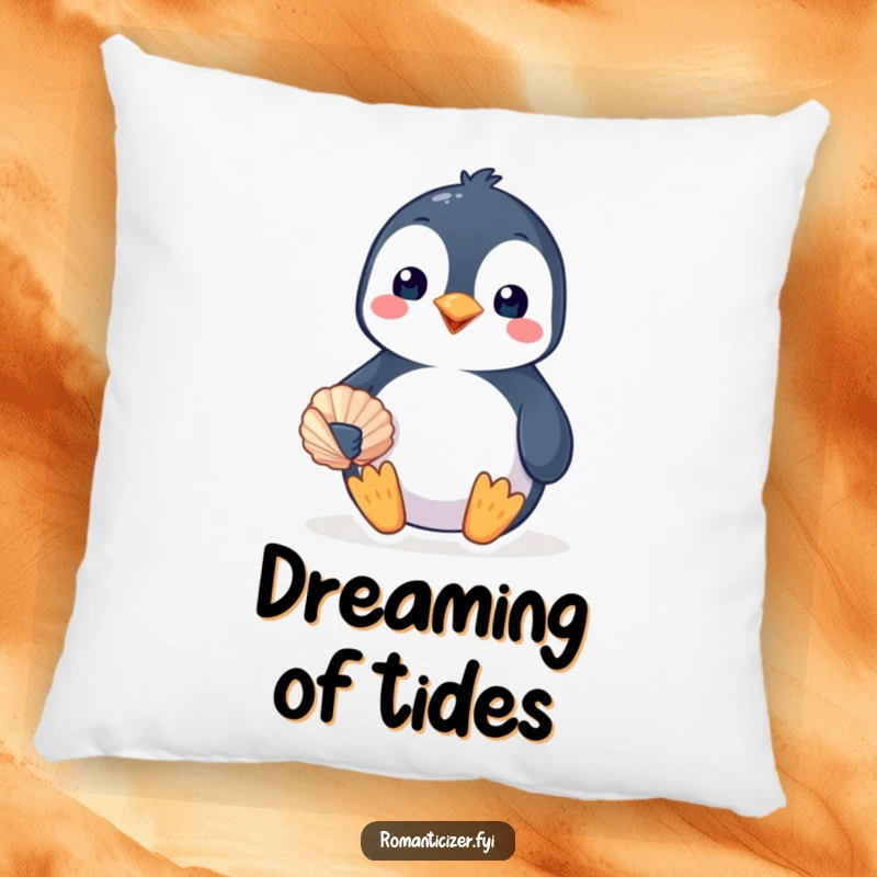Funny penguin pillow with a cheerful bird offering a seashell with a loving smile, providing comfort and humorous charm. Perfect gift.