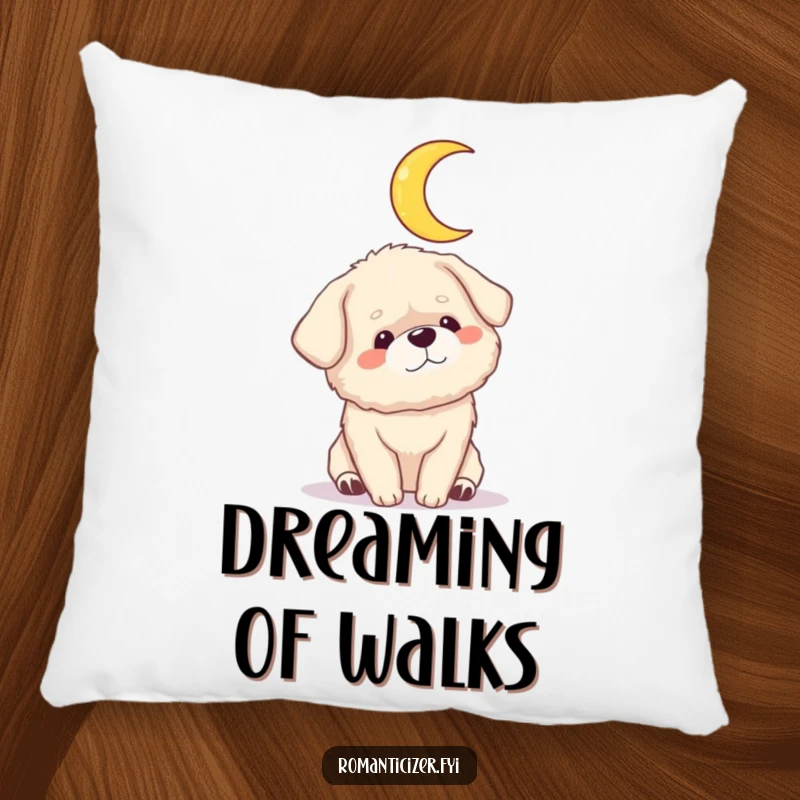 Funny dog moon pillow featuring a fluffy dog gazing adoringly at a crescent moon. Soft, humorous, and whimsical decor.