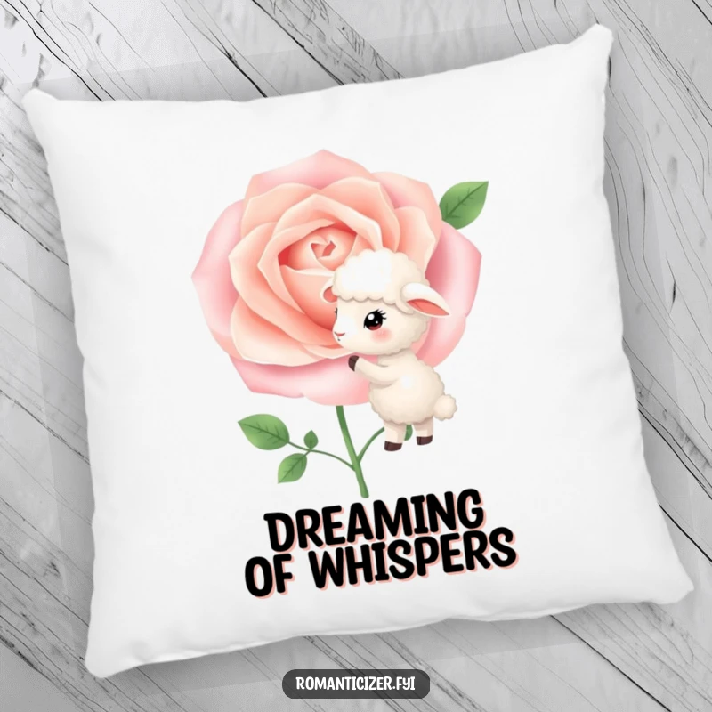 Funny Pillow showcasing a little sheep whispering secrets into a blooming rose, providing comfort and a touch of sweet, humorous elegance.