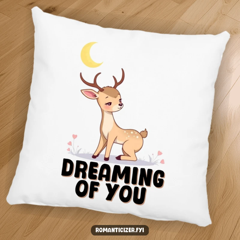 Romantic deer pillow with a graceful deer gazing longingly at a crescent moon. Soft, serene, and comforting decor.