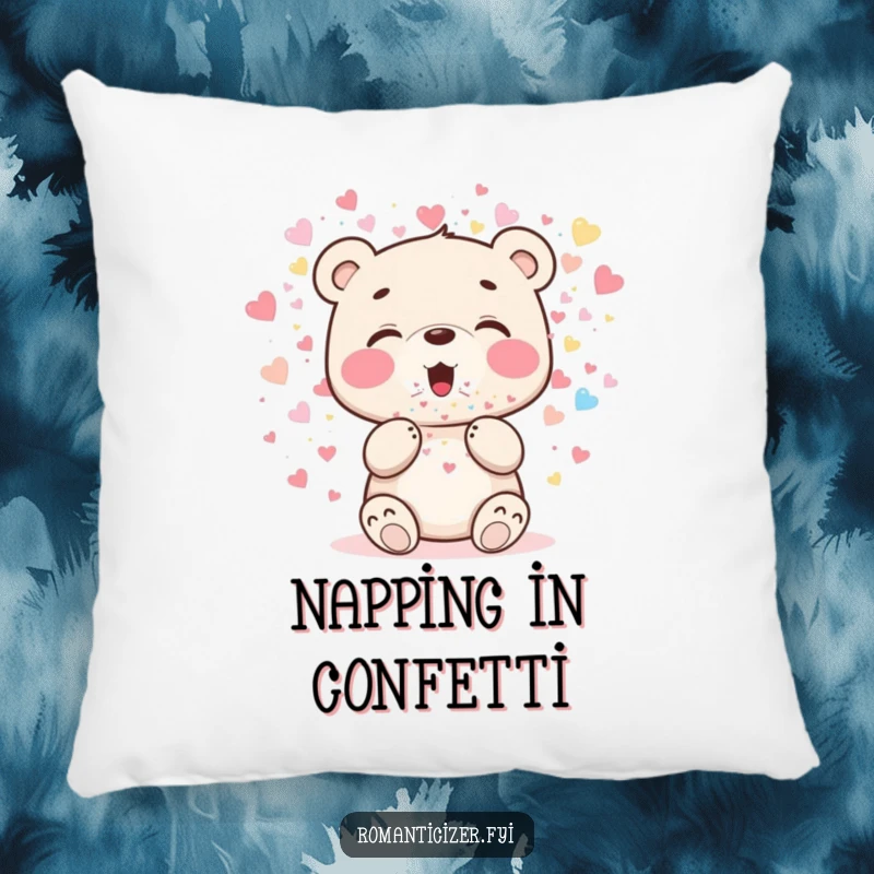 Funny bear cub pillow featuring a cheerful cub blowing sparkling heart confetti, perfect for adding comfort and festivity.