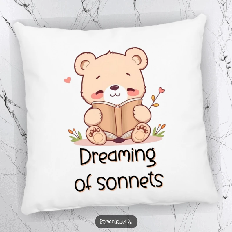 Funny pillow with a smiling bear cub reading a poetry book, offering comfort and a touch of literary-themed amusement.