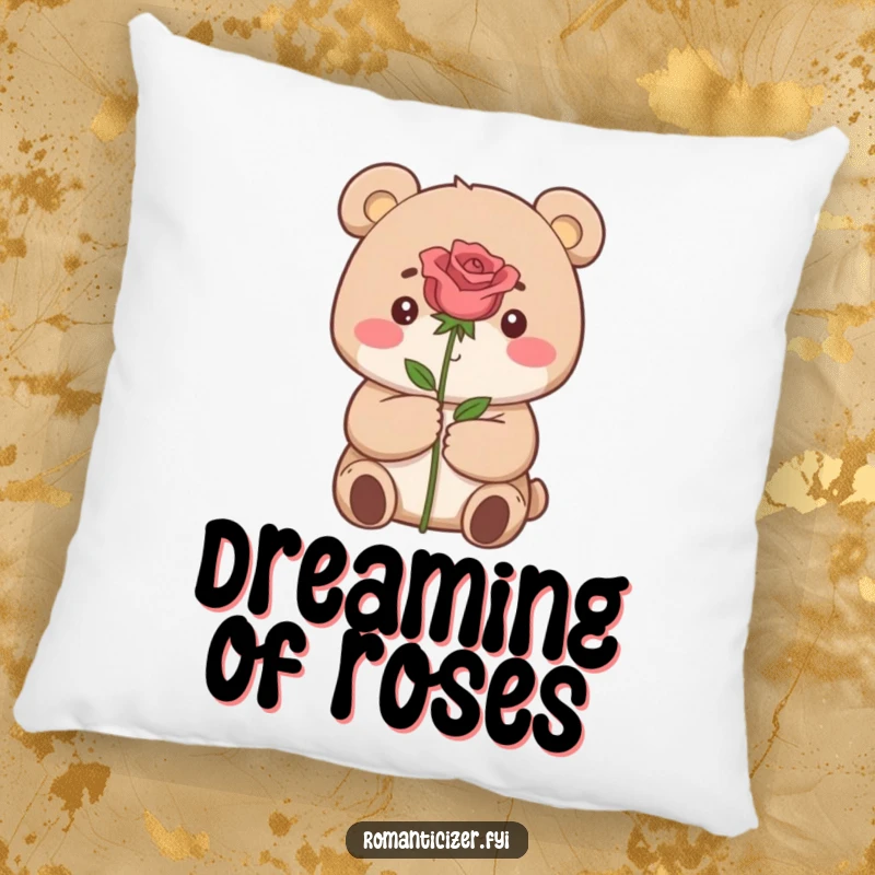 Funny pillow illustrating a small bear with a dreamy expression, offering a single red rose.