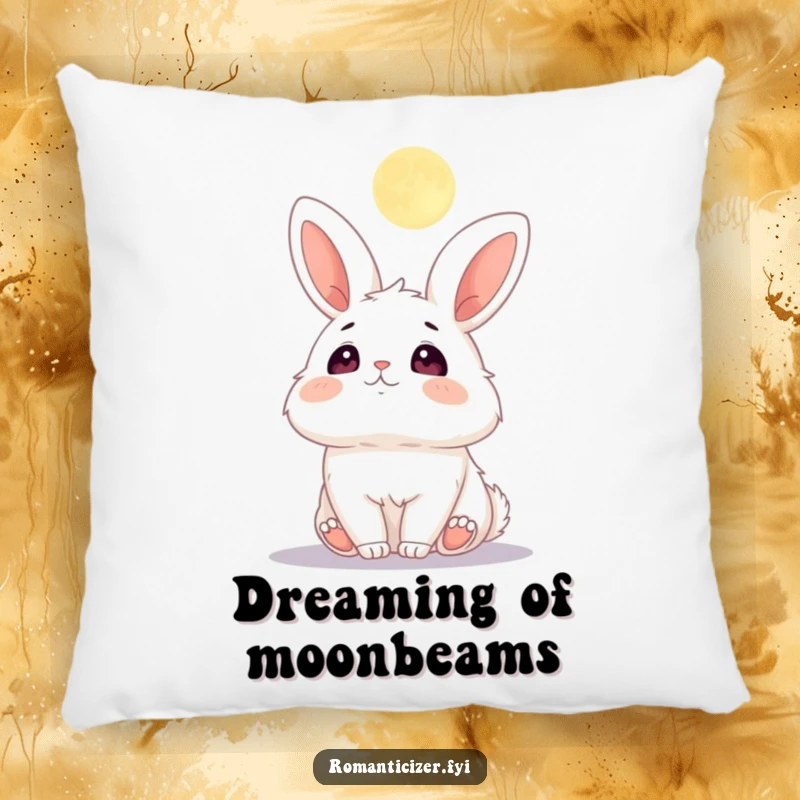Funny pillow depicting a fluffy bunny with adoring eyes and rosy cheeks gazing at the moon.