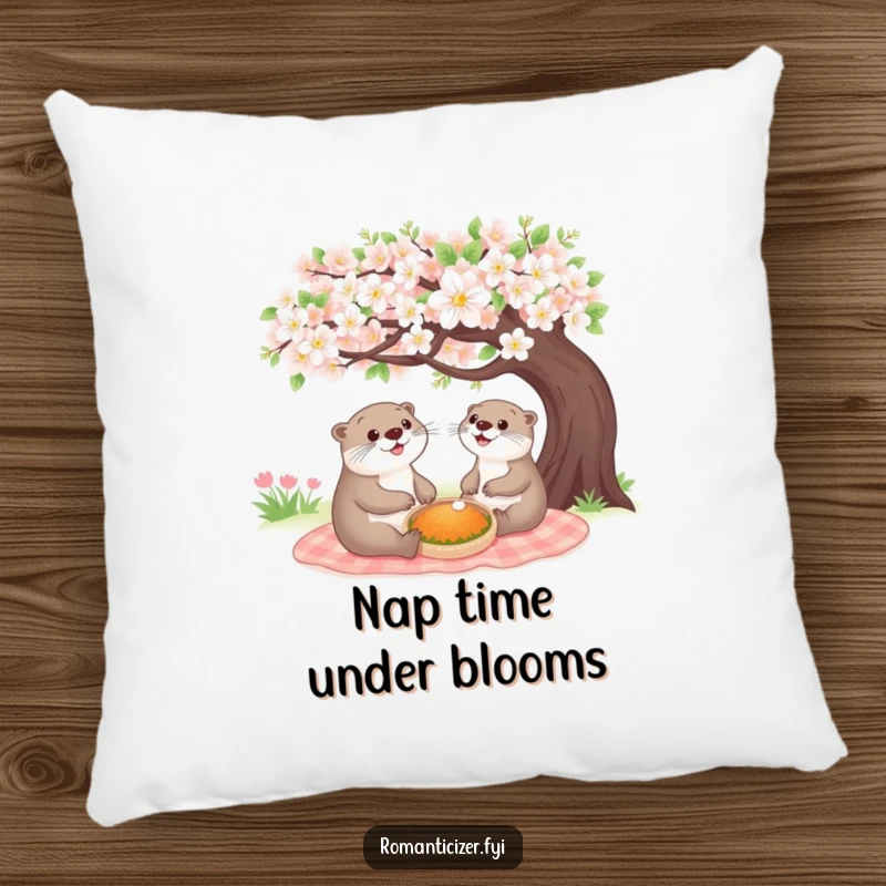 Funny cheerful otter pillow showing a happy animal sharing a picnic under a blooming tree, offering comfort and a joyful, friendly vibe.