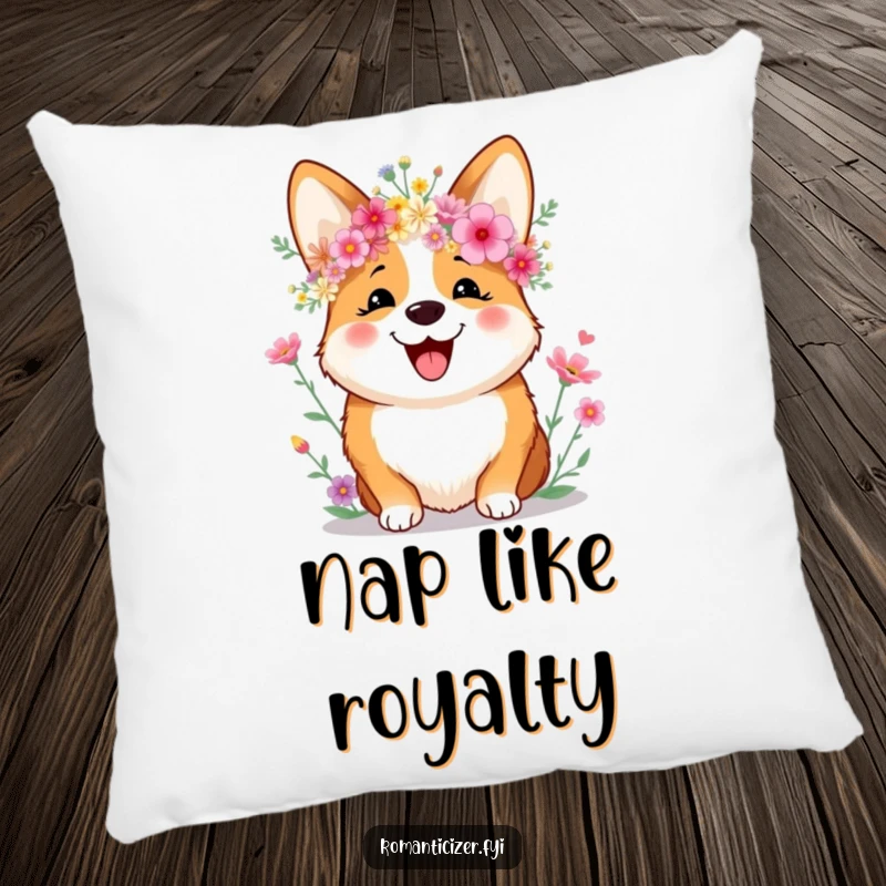 Funny Pillow showing a happy corgi with a sweet smile, wearing a beautiful wildflower crown, adding comfort and cheerful humor.