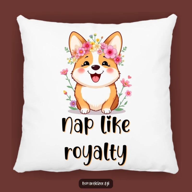 Funny Corgi Pillow: Cozy Wildflower Crown Comfort, Sweet Dog Smile