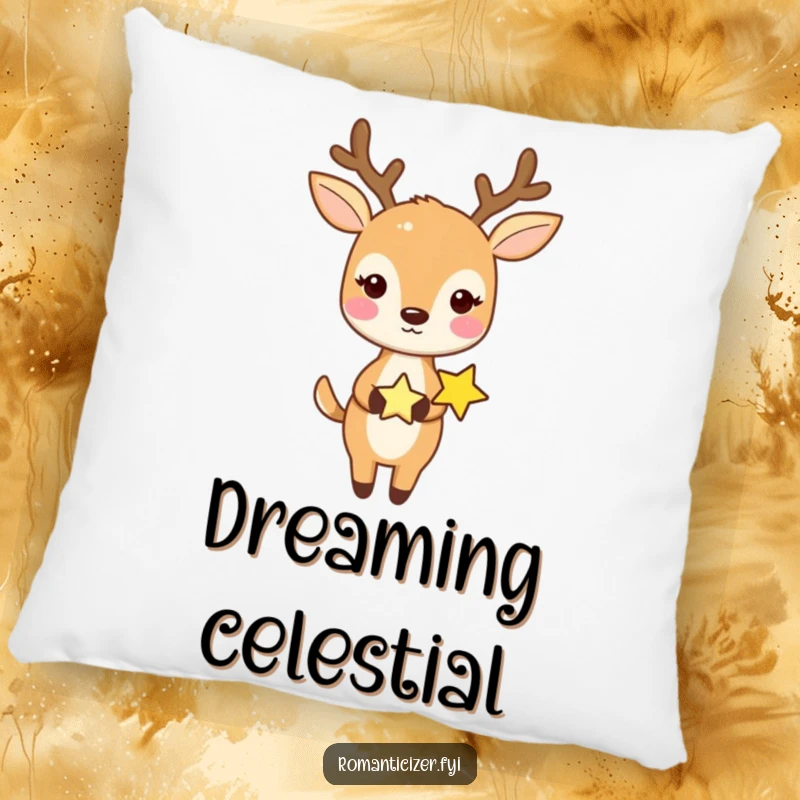 Funny pillow with a sweet deer holding hands with a tiny star, perfect for adding whimsical decor and comfort.