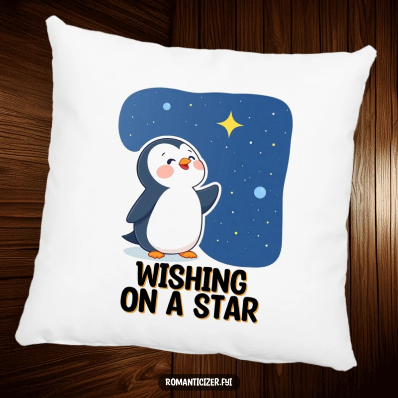 Funny delighted penguin pillow featuring a happy bird gazing at a starry night sky, offering comfort and a whimsical, dreamy vibe.