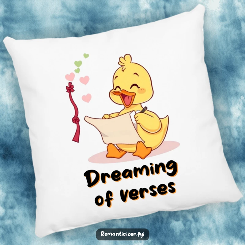 Funny pillow with a delighted duckling writing a love poem on a scroll, providing cozy comfort and a touch of romantic humor.