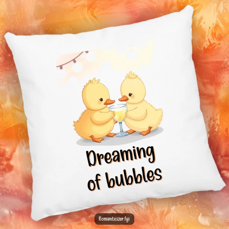 Funny duckling pillow sharing a small sparkling drink under soft lights, perfect for adding comfort and whimsical celebration.