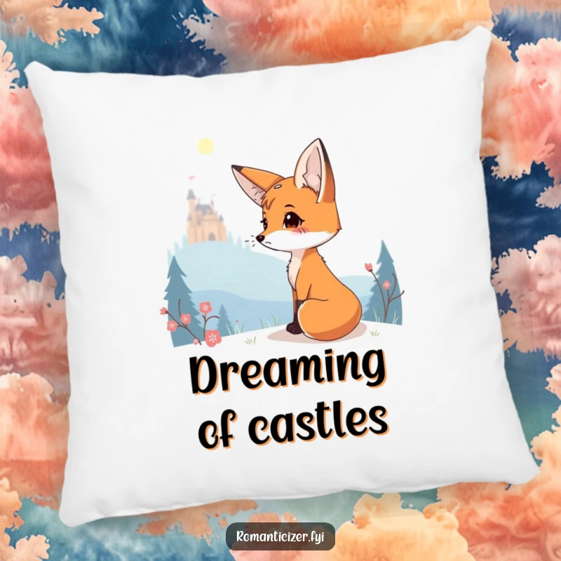 Funny pillow depicting a charming fox wistfully looking towards a distant, glowing castle.