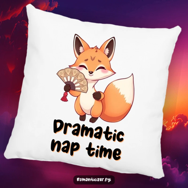 Funny fox pillow featuring a playful fox with a large fan, gesturing dramatically, perfect for adding decorative drama.
