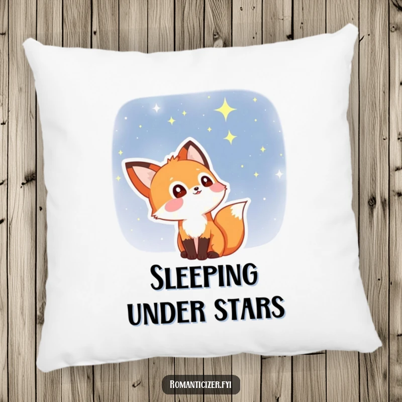 Funny fox pillow with a delighted fox whose eyes sparkle with stars, gazing at a celestial night sky. Soft, whimsical, and comforting decor.