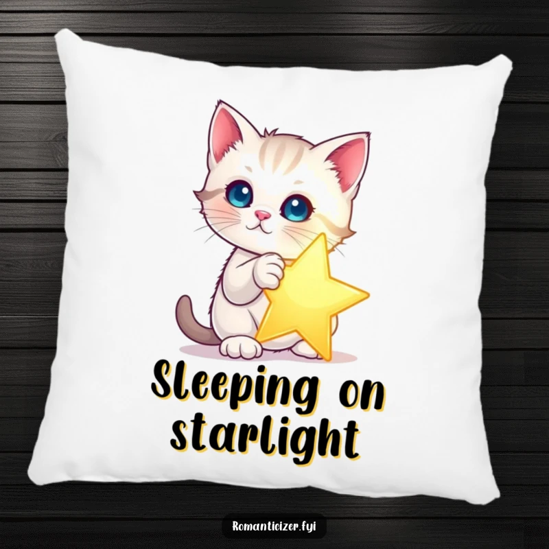 Funny kitten star pillow featuring a kitten dramatically posing with a single, glowing star. Soft, humorous, and magical decor.