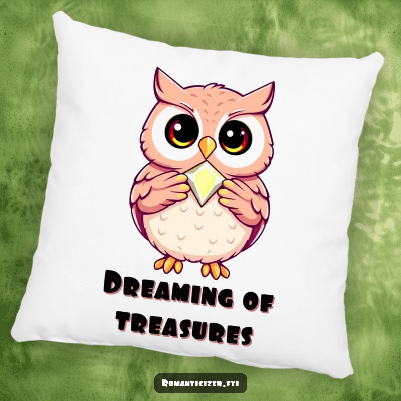 Funny pillow with a happy owl presenting a precious jewel, symbolizing wisdom and the joy of finding treasures.