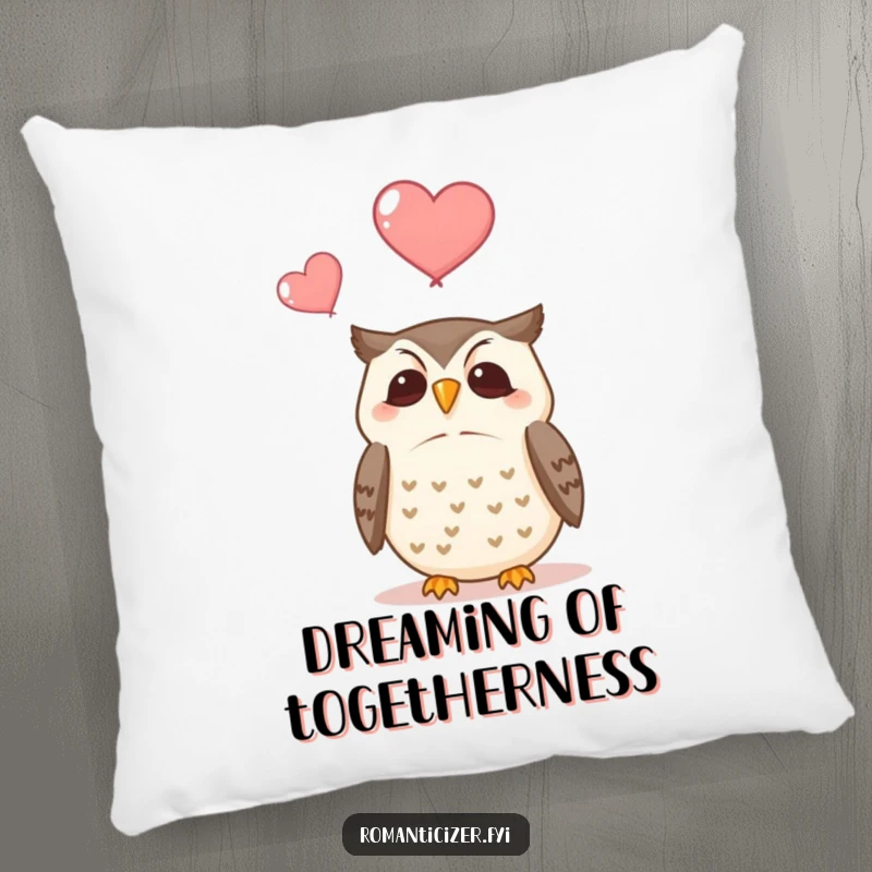 Funny pillow featuring a relaxed owl with a peaceful expression, observing two light pink hearts ascending in a dreamlike atmosphere.