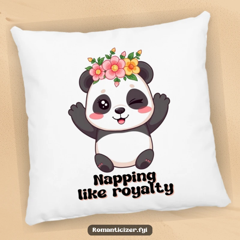 Funny pillow showcasing a playful panda in a flower crown, winking coyly, offering soft and charming decorative comfort.