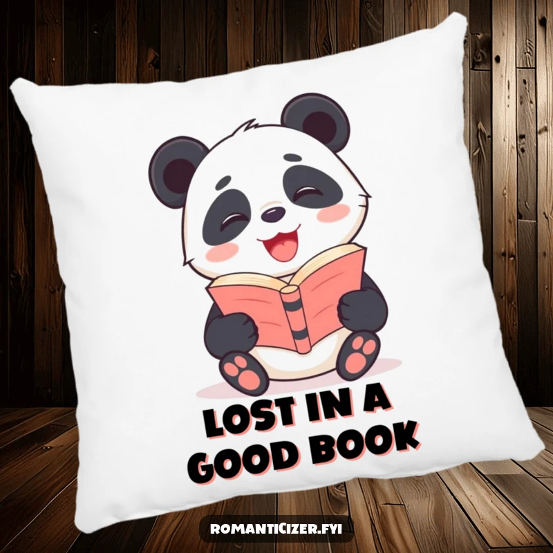 Funny Panda Pillow showing a giggling panda with a bright smile, holding a poetry book, perfect for bookish comfort.