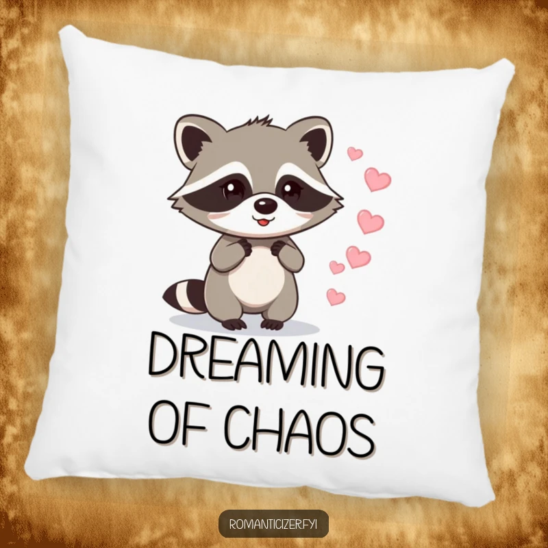 Funny raccoon pillow depicting a mischievous raccoon leaving a trail of sparkling hearts, a cozy and funny accent.