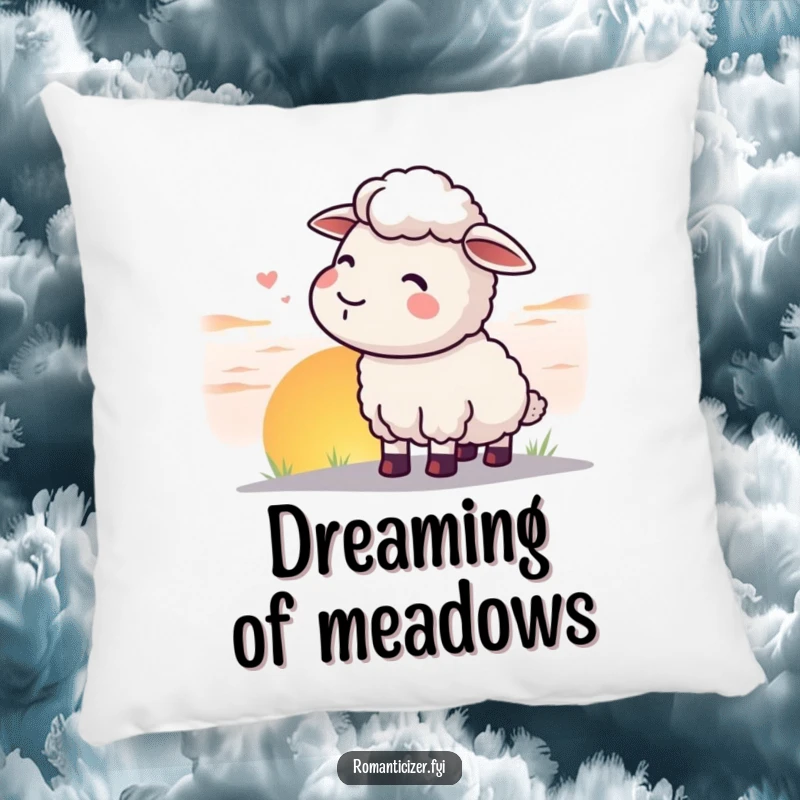 Funny sheep pillow depicting a content sheep watching a beautiful sunset, a cozy and funny accent piece.