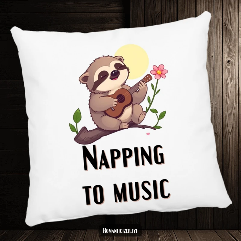 Funny pillow, a sloth humorously playing a guitar to serenade a flower under the moon, a soft and comical decorative accent.