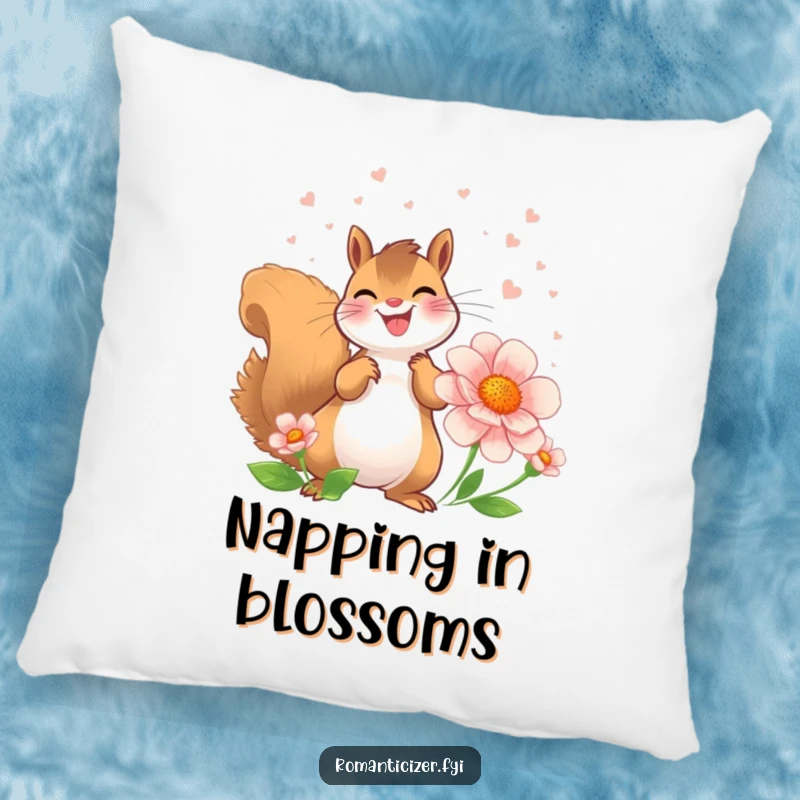 Funny Squirrel Pillow showing a joyful squirrel showering a flower with perfume, perfect for cozy comfort.