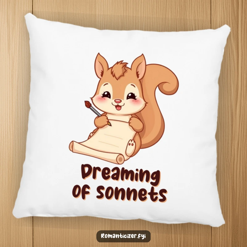 Funny pillow, a squirrel humorously writing poetry with a quill on a scroll, a soft and comical literary accent.