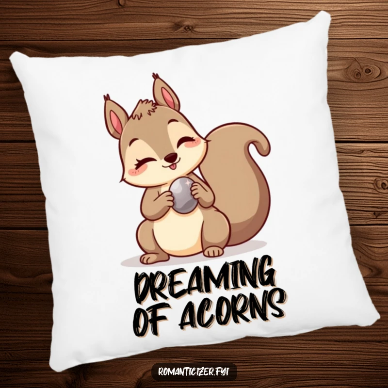 Funny pillow featuring a mischievous squirrel winking and holding a shiny pebble, offering comfort and a touch of playful humor.