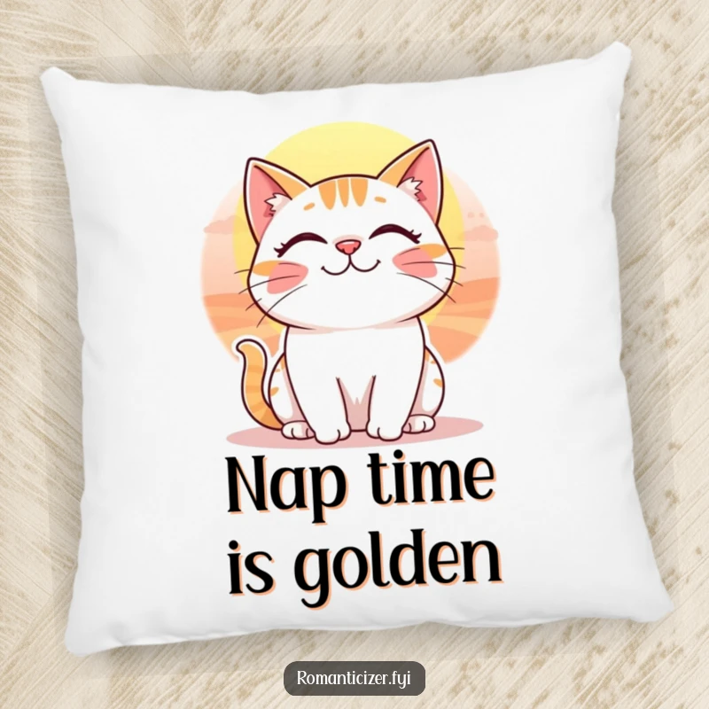 Funny and soft pillow with a cheerful cat smiling at a beautiful sunset, adding comfort and humor.