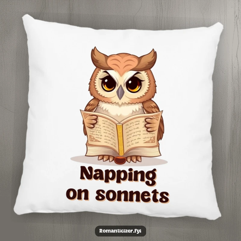 Funny owl pillow depicting a wise owl reading from an ornate poetry book, a cozy and funny accent piece.