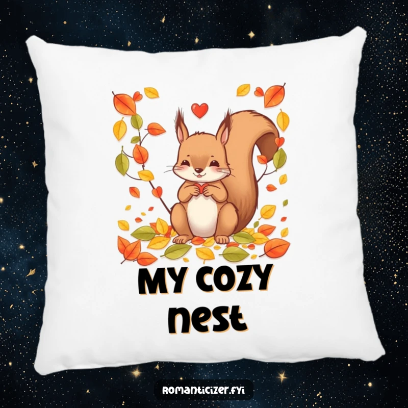 Funny squirrel pillow with a heart made of autumn leaves, perfect for adding a warm and whimsical touch to any cozy space.