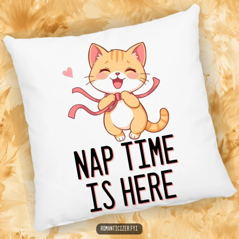 Funny cat pillow showing a playful cat joyfully twirling with a ribbon, exuding happiness. Soft, comforting, and whimsical decor.