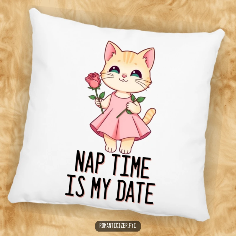 Funny pillow featuring an elegant cat in a dress holding a rose, perfect for adding a romantic touch.