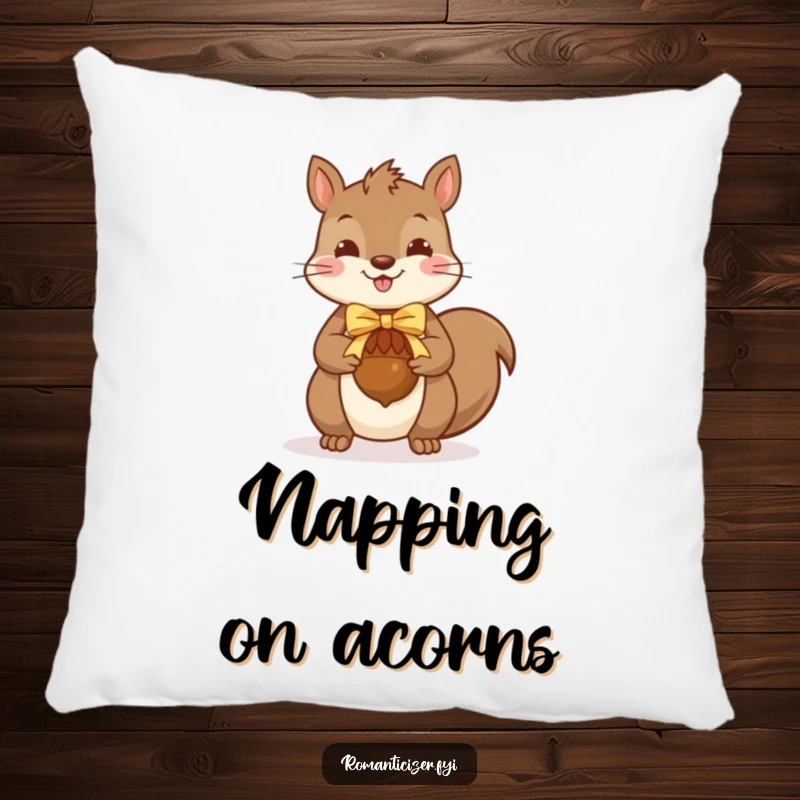 Funny squirrel pillow featuring a cheerful squirrel offering a ribbon-adorned acorn, adding a soft, whimsical touch to any room.