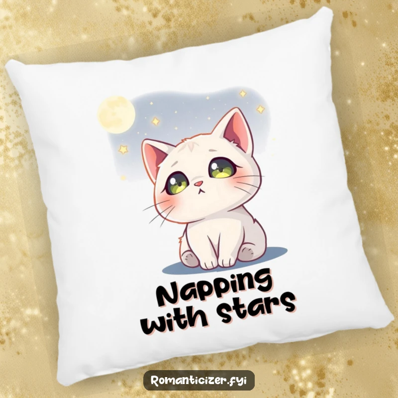 Funny cat moon pillow featuring a dreamy cat gazing at the moon, stars in its eyes, perfect for cozying up.
