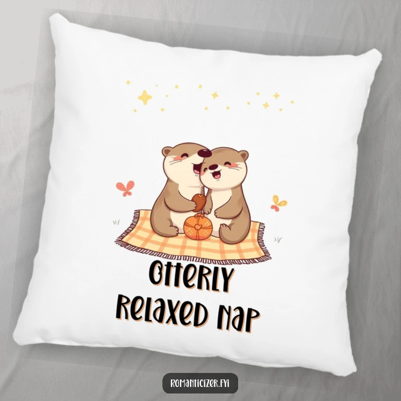 Funny pillow depicting a cheerful otter enjoying a picnic under a vast, starry night sky.