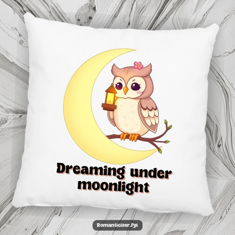 Funny pillow featuring a romantic owl perched on a crescent moon, holding a glowing lantern, providing soft, enchanting comfort.