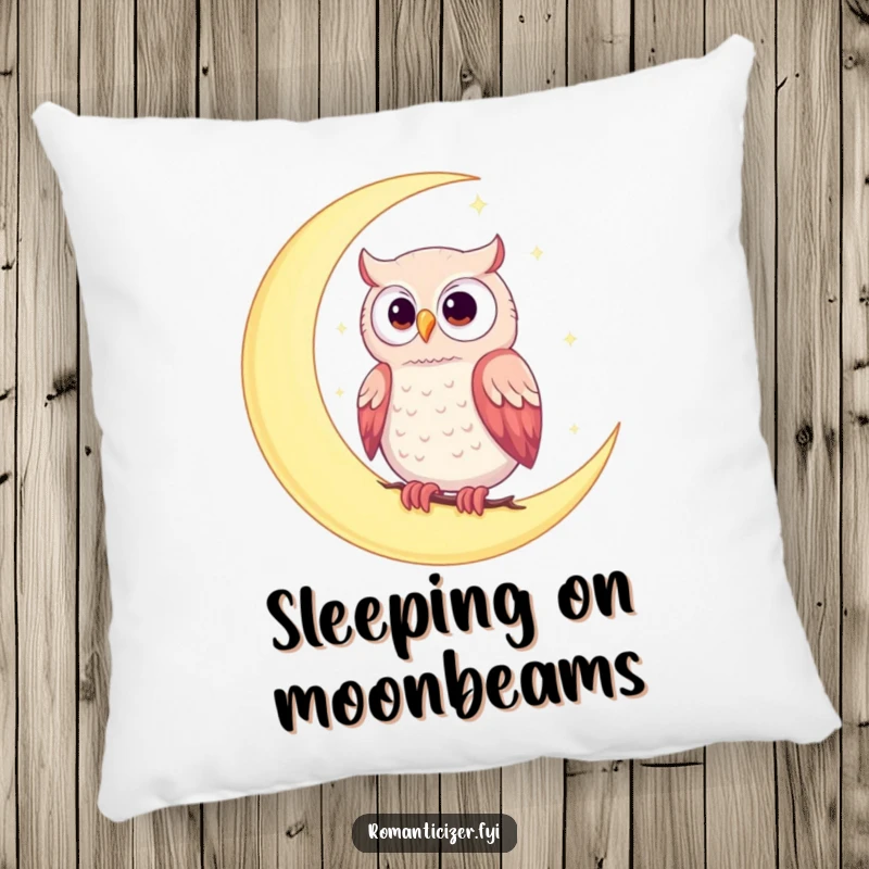 Funny pillow featuring a romantic owl on a crescent moon under a starry sky, adding cozy whimsy and celestial charm.