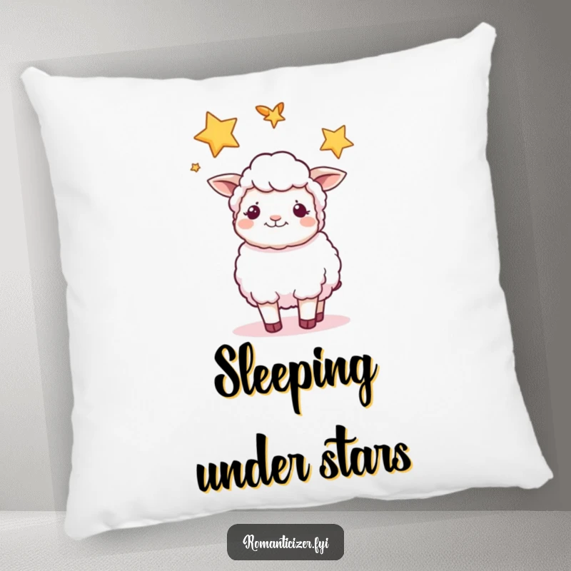 Funny sheep pillow featuring a content sheep gazing at intertwined stars, providing a soft, peaceful decorative touch.