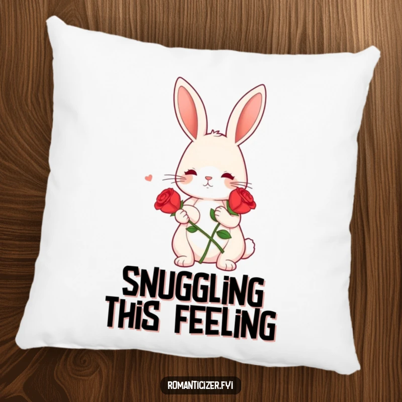 Funny pillow featuring a cute bunny holding a red rose and looking dreamy, providing comfort and a romantic, humorous touch.