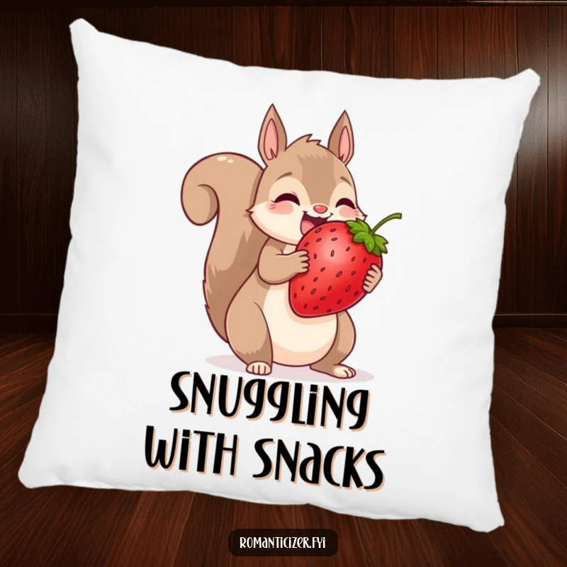 Funny squirrel pillow featuring a squirrel sharing a huge strawberry, bringing humorous comfort and sweetness.