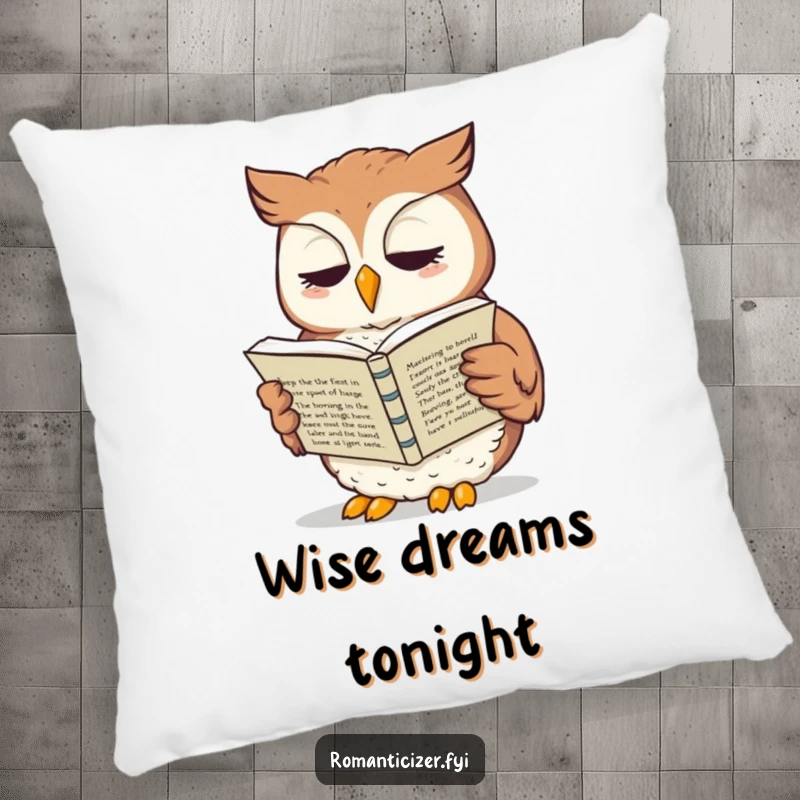 Funny owl pillow featuring a whimsical owl reading sonnets aloud, providing a soft, humorous literary decorative touch.