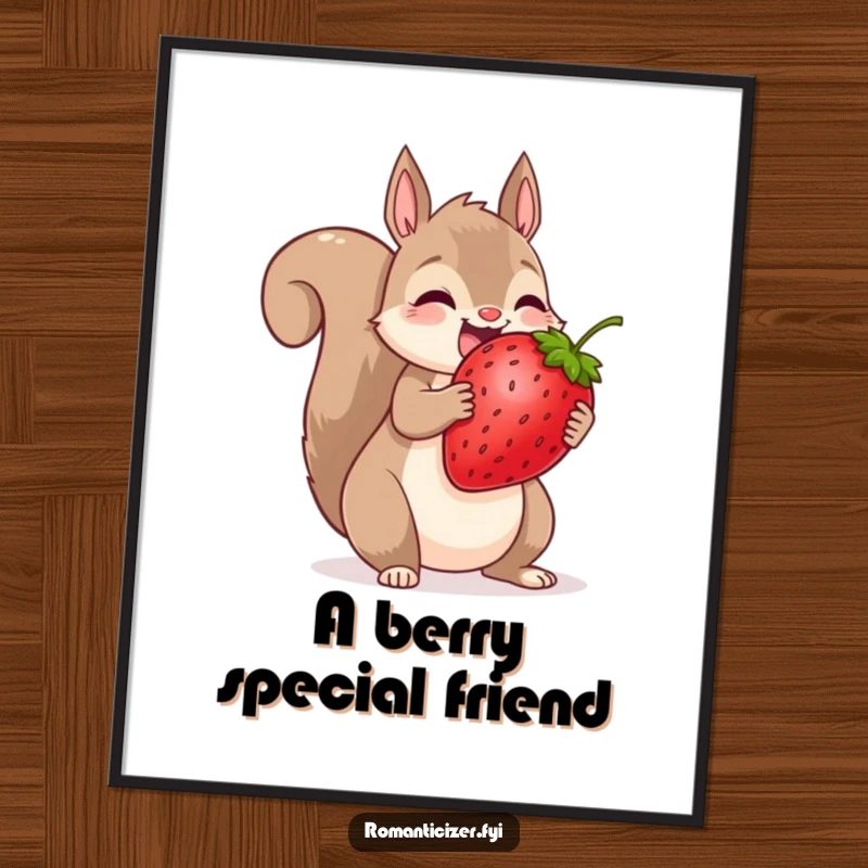 Funny squirrel digital art print showing a squirrel sharing a giant strawberry, humorous art.